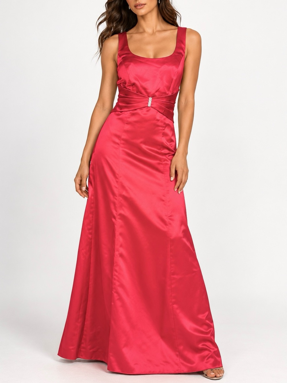 MoriLee by Madeline Gardner Silky Formal Maxi Gown — Redish-Coral